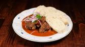 Brewery beef goulash with homemade bread dumplings